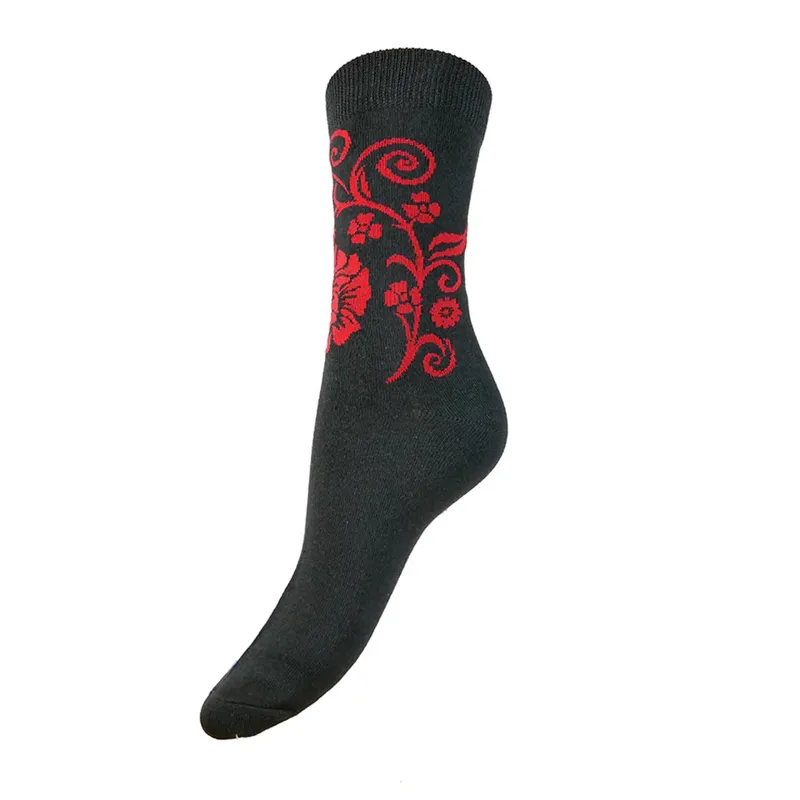 Gemjar Bamboo Socks 4-7 - Black Red Flowers