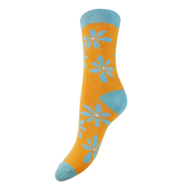 Gemjar Bamboo Socks 4-7 - Orange and Green Flowers